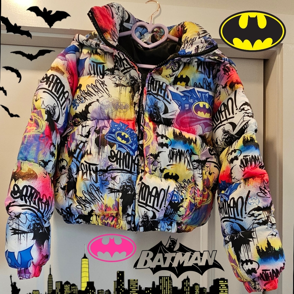 Dolls Kill Batman Puffer Coat with Hood, Women's M & Batman Statue